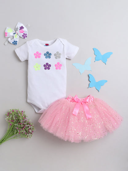 TINY MINY MEE GLITTER FLOWER BODYSUIT , SKIRT AND HAIRBAND-WHITE