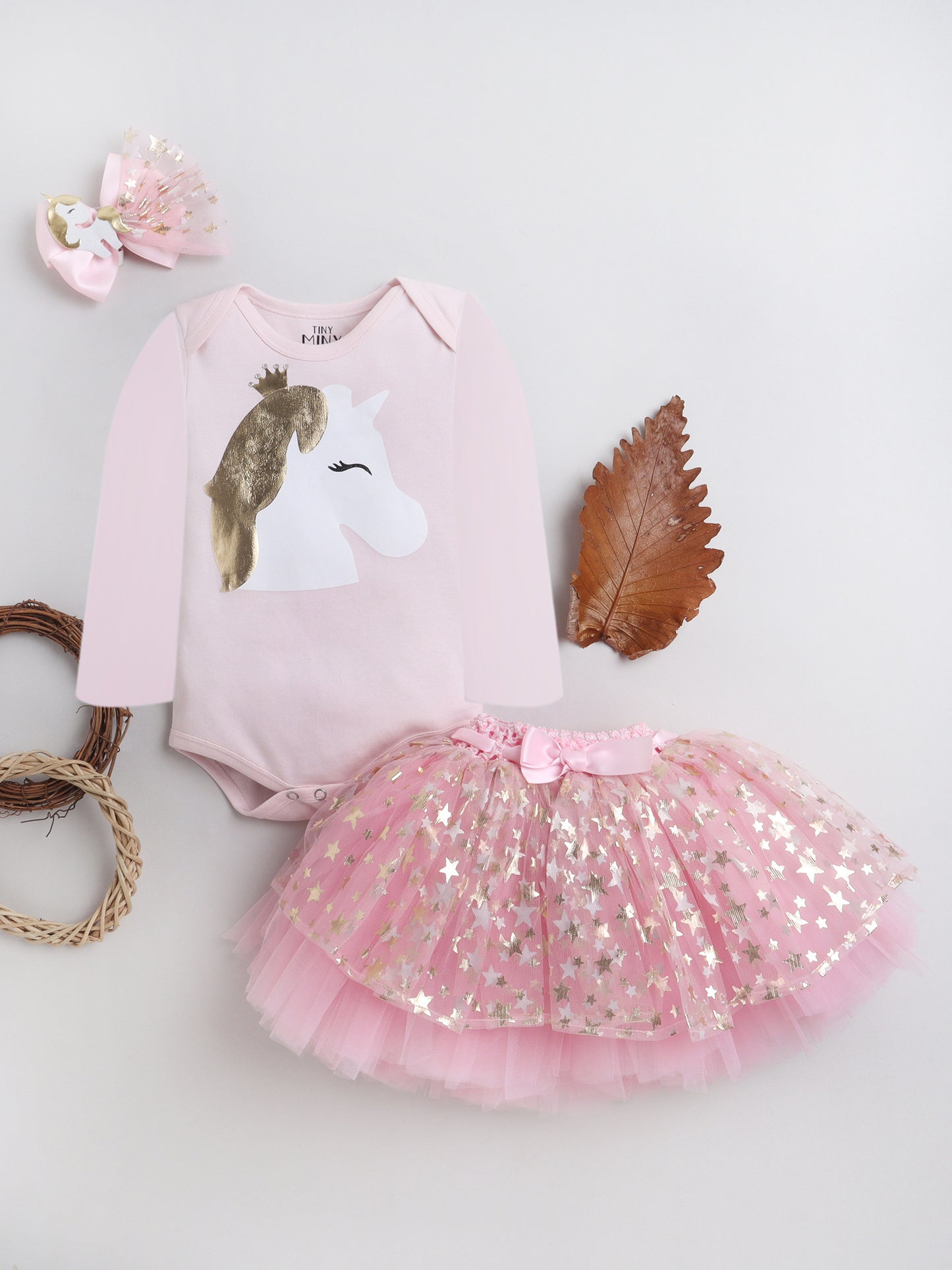 TINY MINY MEE UNICORN PRINTED BODYSUIT , SKIRT & HAIRBAND -PINK