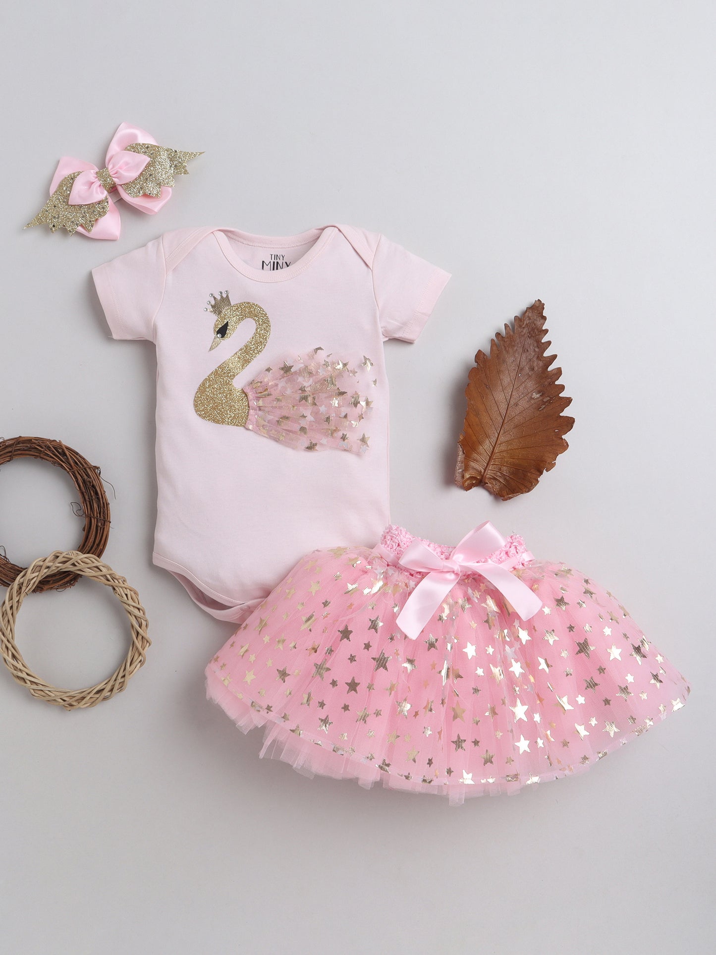 TINY MINY MEE SWAN FRILLED BODYSUIT , SKIRT AND HAIRBAND- PINK