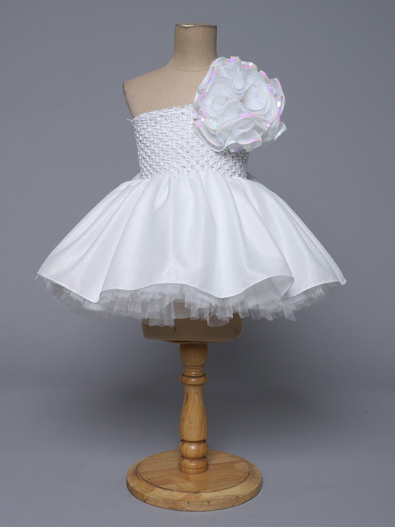 "Elegant White Bloom – One Shoulder Party Knee Length Dress for Little Angels"
