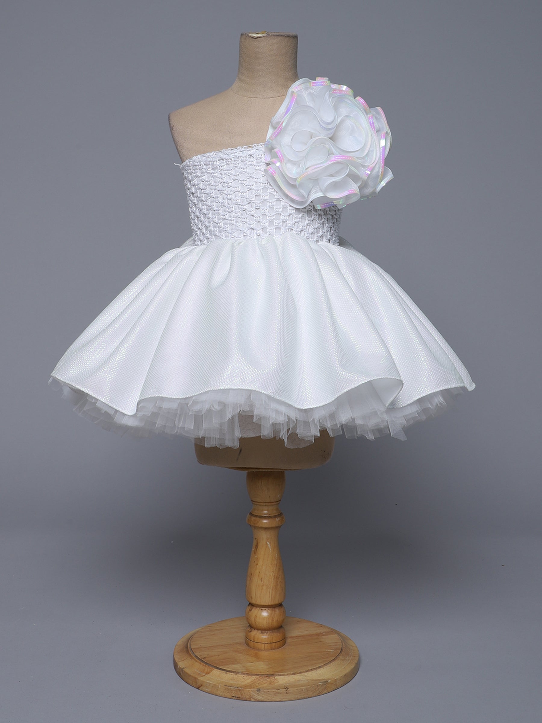 "Elegant White Bloom – One Shoulder Party Knee Length Dress for Little Angels"