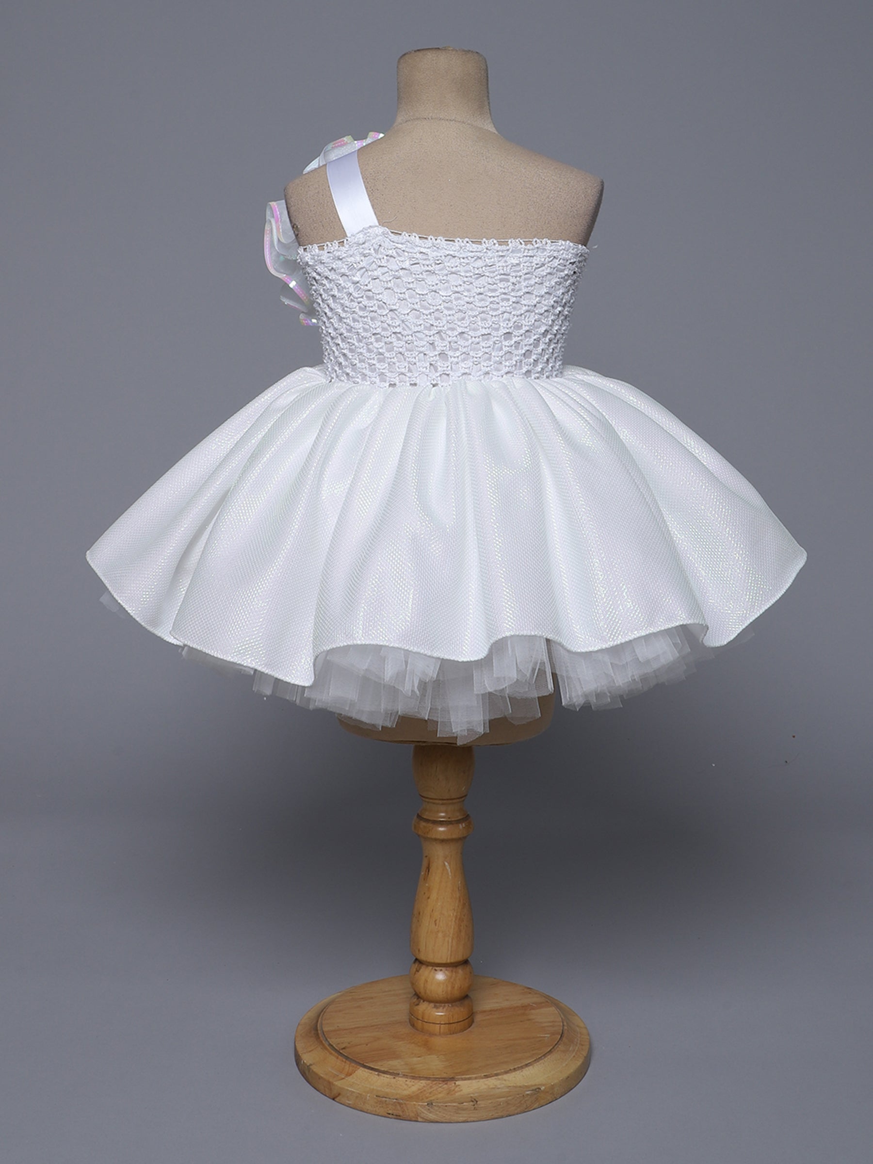 "Elegant White Bloom – One Shoulder Party Knee Length Dress for Little Angels"