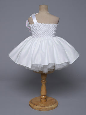 "Elegant White Bloom – One Shoulder Party Knee Length Dress for Little Angels"