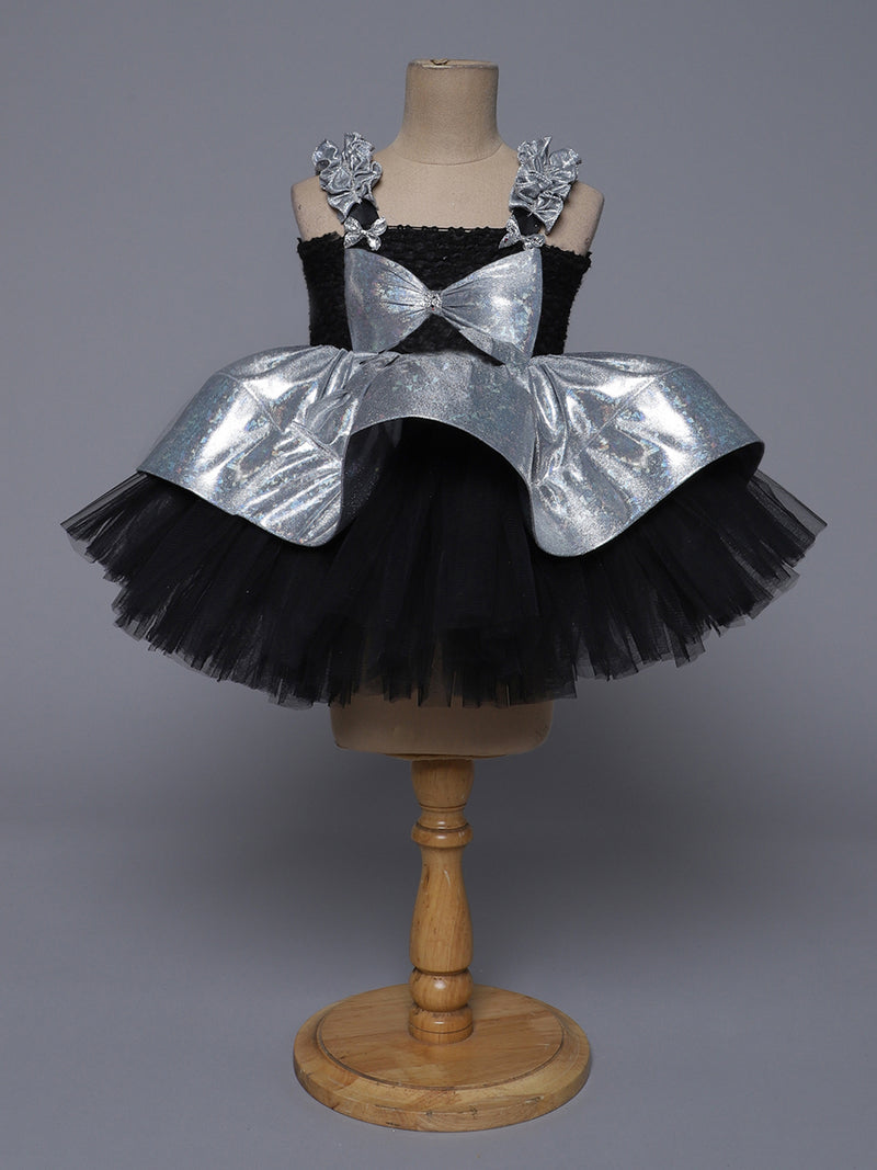 "Starry Charm – Black & Silver Bow Accent Knee Length Party Dress"