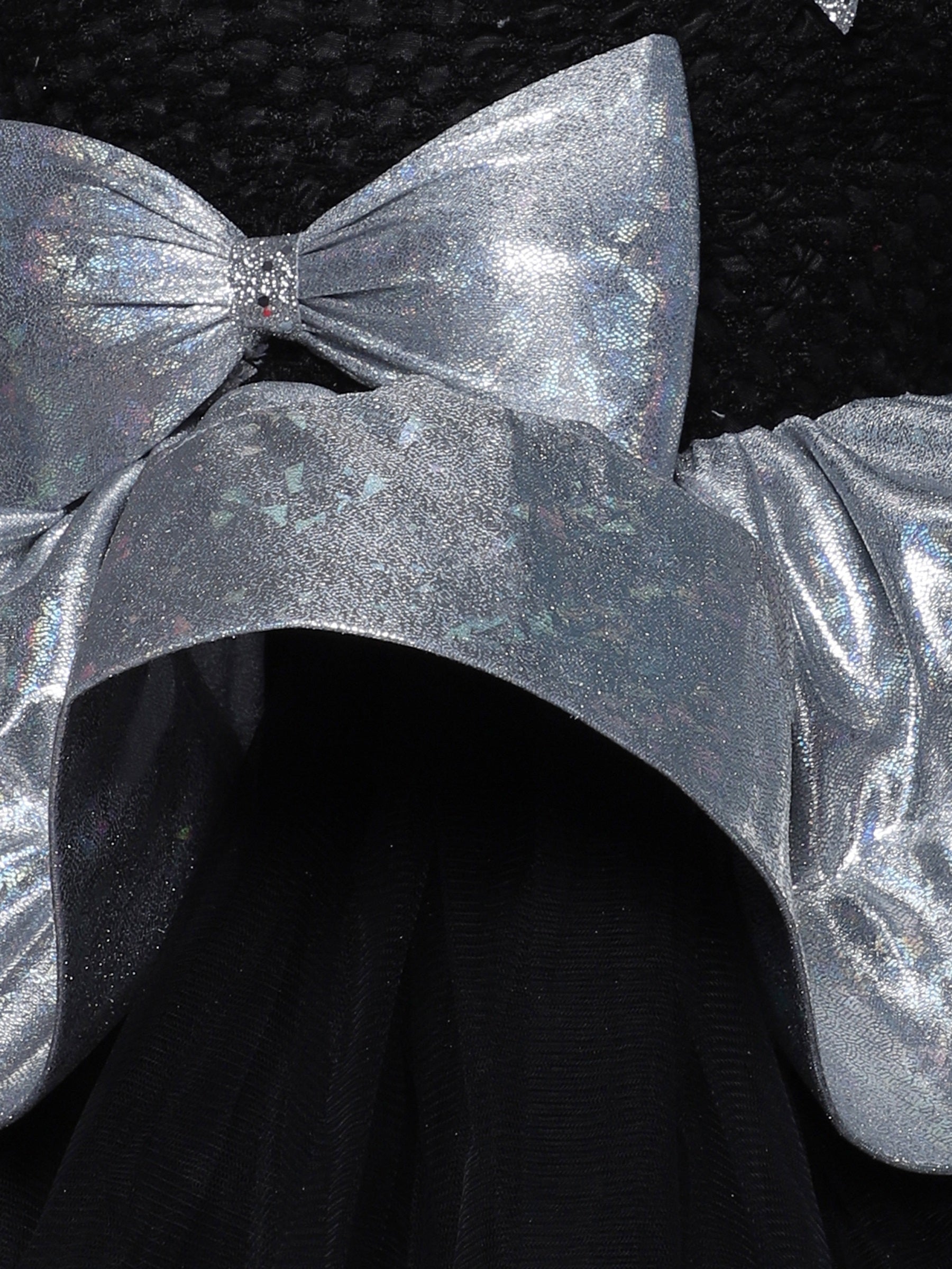 "Starry Charm – Black & Silver Bow Accent Knee Length Party Dress"