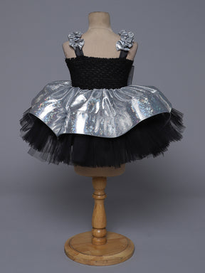 "Starry Charm – Black & Silver Bow Accent Knee Length Party Dress"