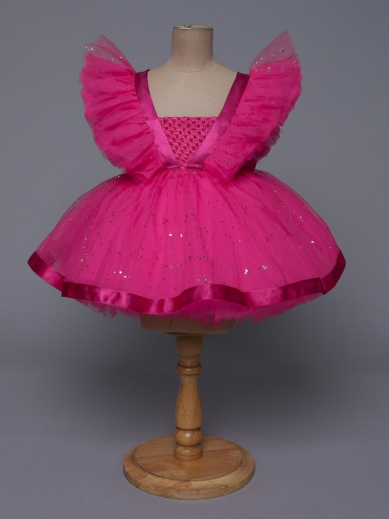 "Fuchsia Sparkle – Ruffled Sleeve Princess Knee Length Party Dress"