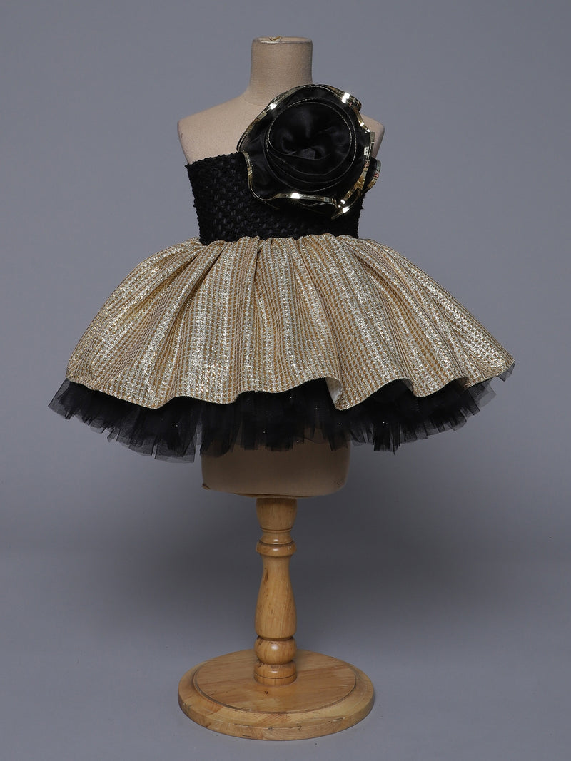 "Royal Glam – Black & Gold One Shoulder Knee Length Party Dress for Little Divas"