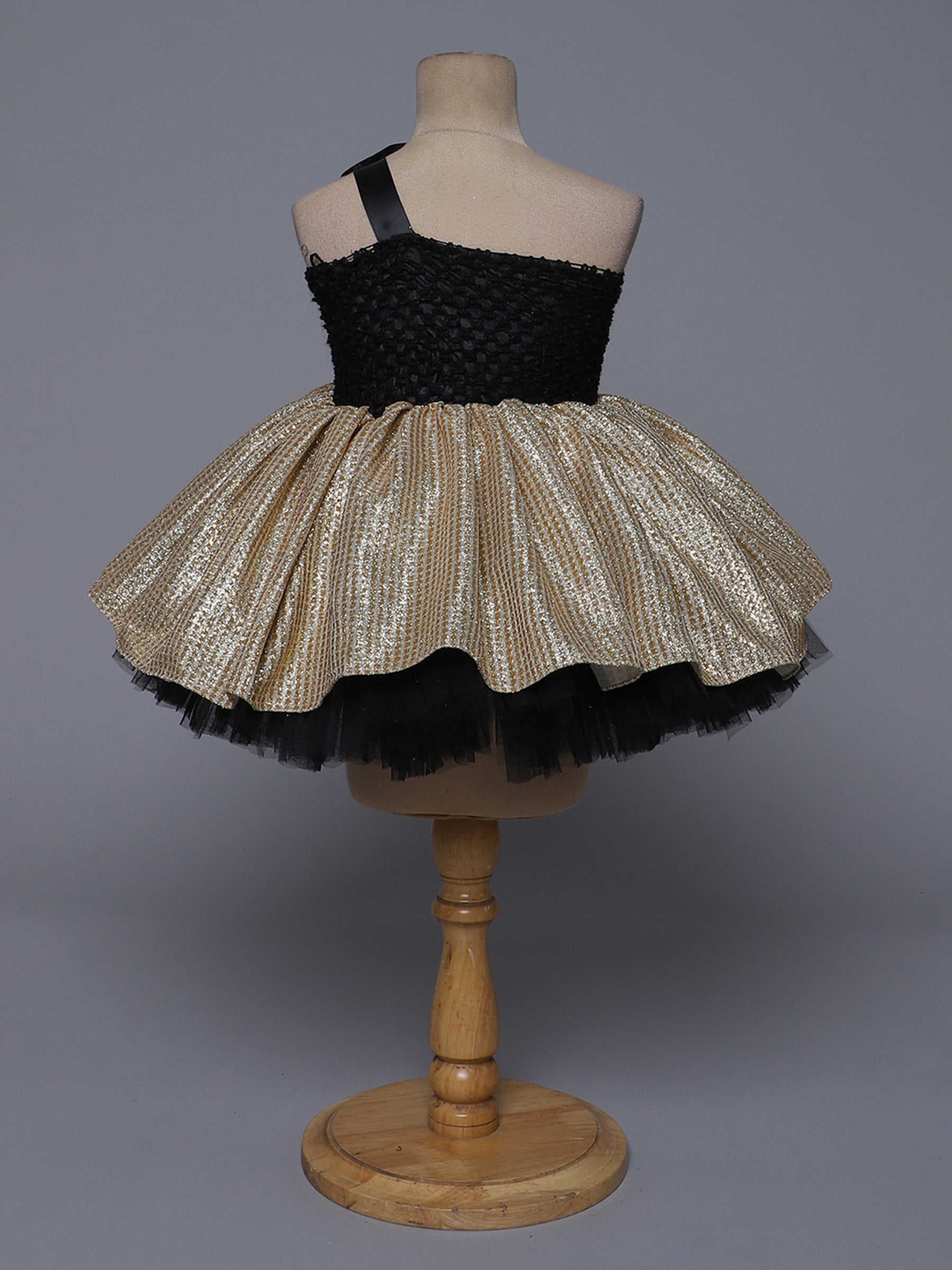 "Royal Glam – Black & Gold One Shoulder Knee Length Party Dress for Little Divas"