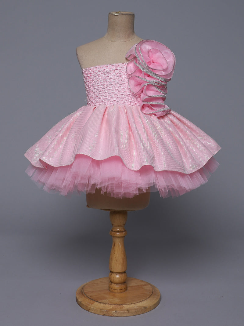 "Pink Rosette – One Shoulder Princess Knee Length Party Dress with Floral Cascade"