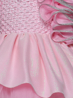 "Pink Rosette – One Shoulder Princess Knee Length Party Dress with Floral Cascade"