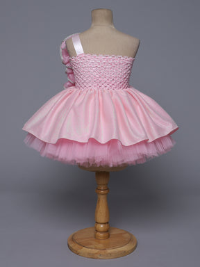 "Pink Rosette – One Shoulder Princess Knee Length Party Dress with Floral Cascade"