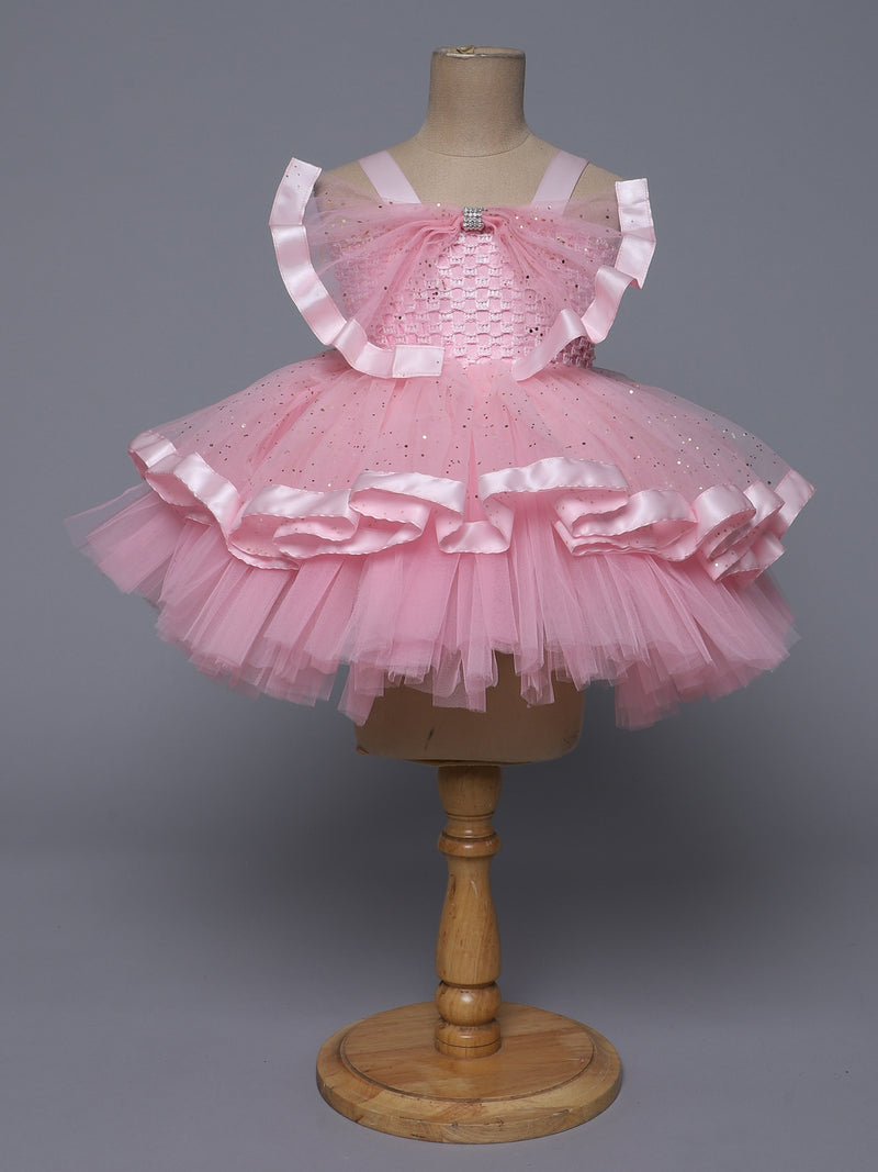 "Charming Pink Sparkle – Elegant Party Knee Length Dress for Your Little Angel"
