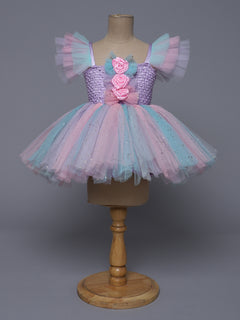 "Pastel Dreams – Multicolor Princess Knee Length Party Dress with Floral Charm"