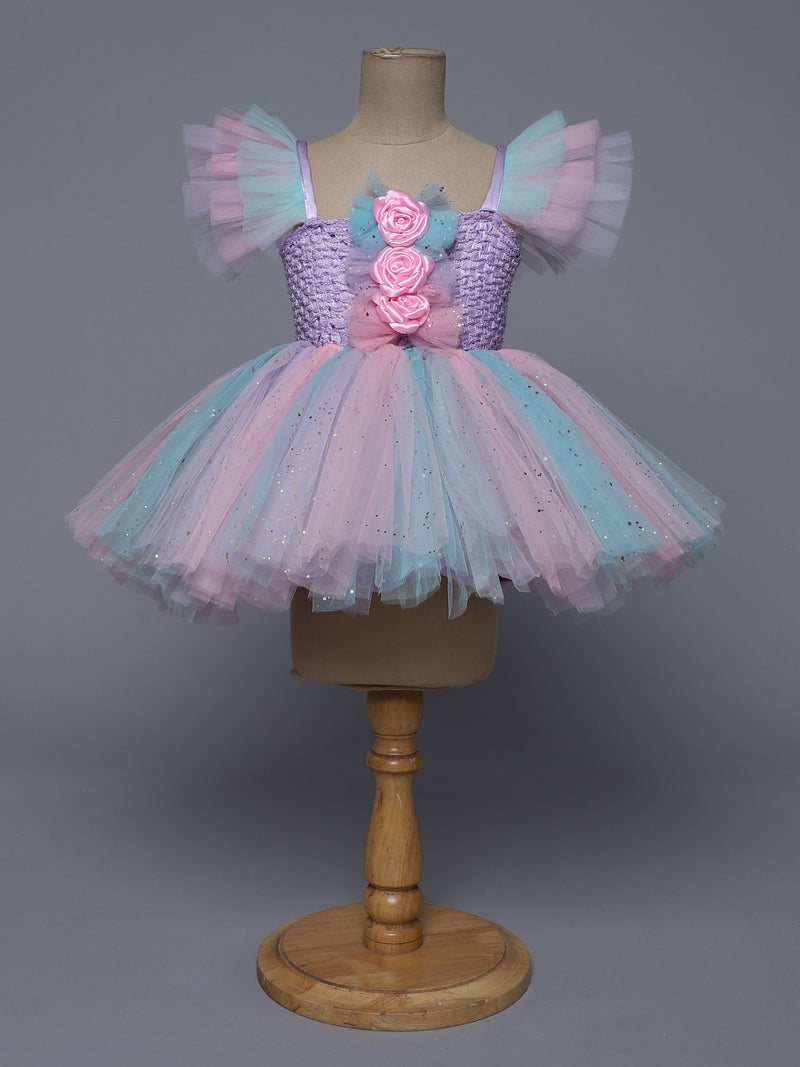 "Pastel Dreams – Multicolor Princess Knee Length Party Dress with Floral Charm"