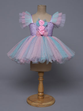 "Pastel Dreams – Multicolor Princess Knee Length Party Dress with Floral Charm"