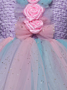 "Pastel Dreams – Multicolor Princess Knee Length Party Dress with Floral Charm"