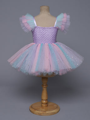 "Pastel Dreams – Multicolor Princess Knee Length Party Dress with Floral Charm"