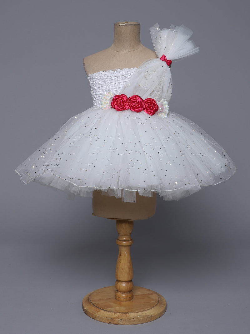 "White Elegance – One Shoulder Knee Length Party Dress with Floral Accents"