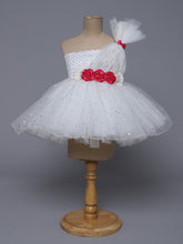 "White Elegance – One Shoulder Knee Length Party Dress with Floral Accents"