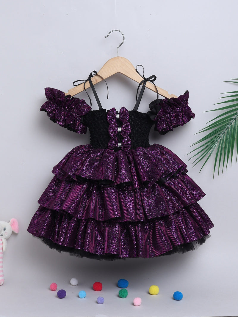 Sparkle layered tutu gown – trendy off-shoulder sleeves and ruffle detailing for a glamorous party look."