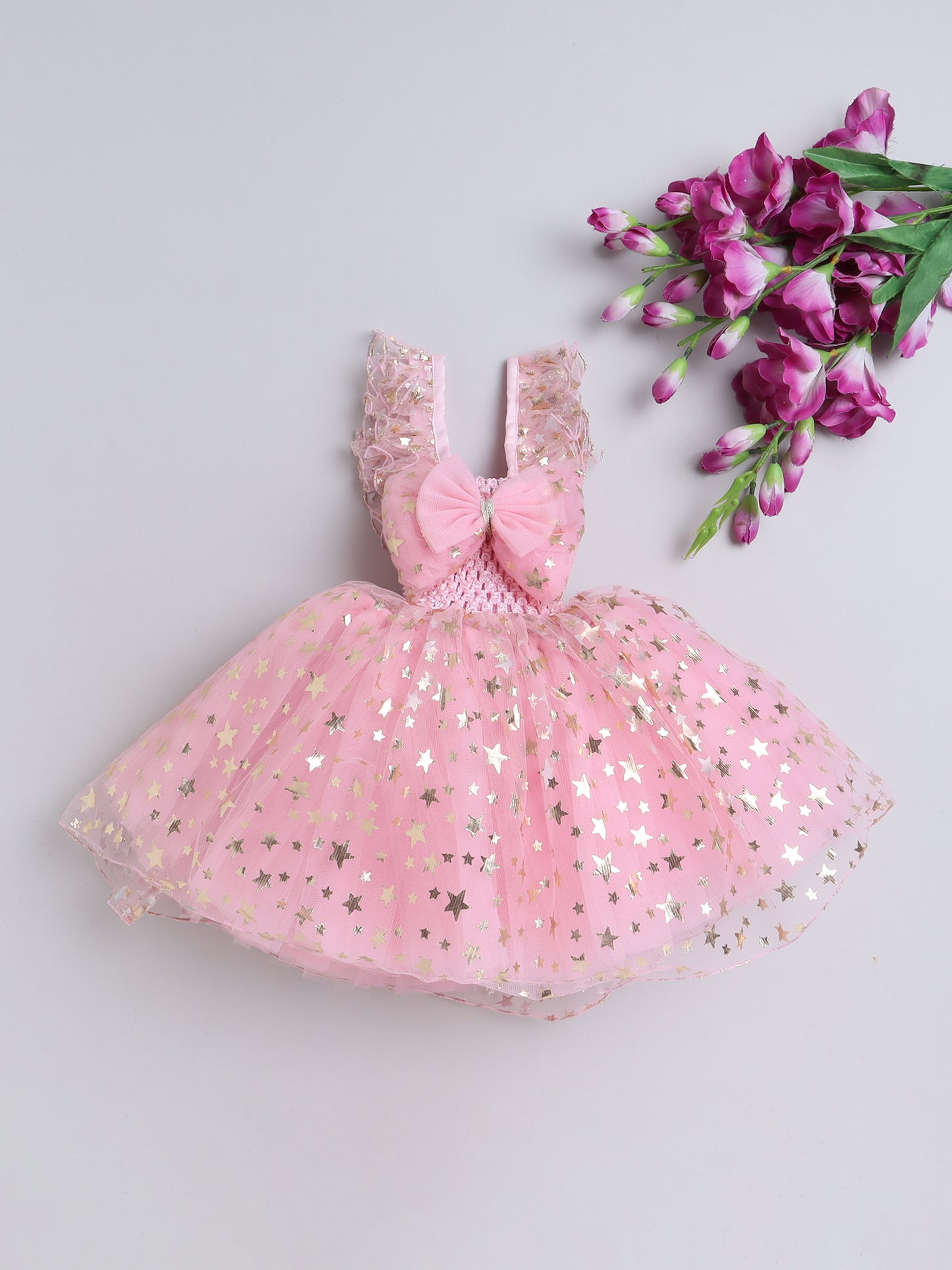 TMM GOLDEN FOIL FRILLED STAR KNEE LENGTH GOWN- PINK