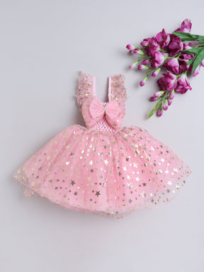 Twinkle like a little star in this dreamy pink Knee Length dress sprinkled with golden magic!