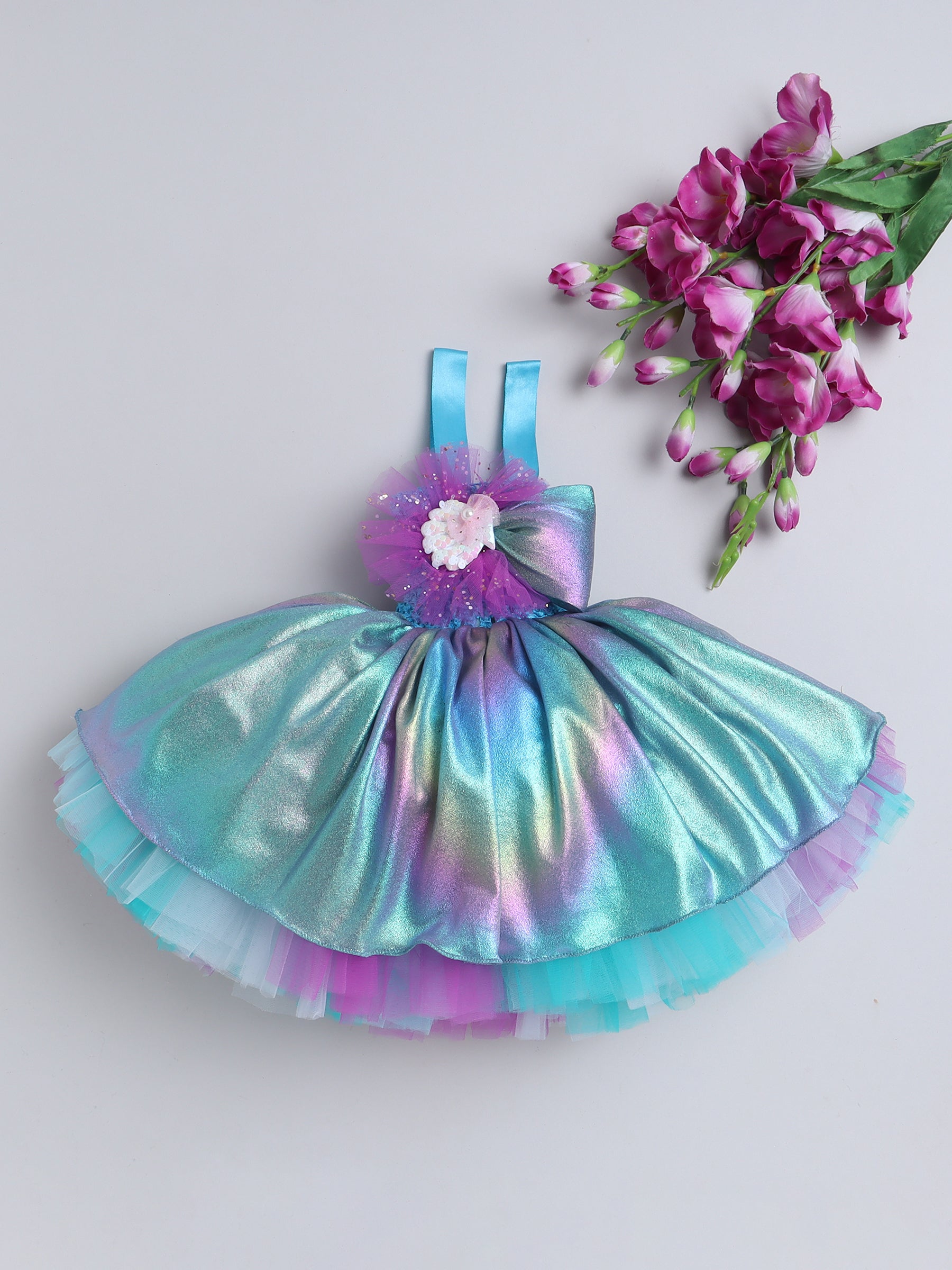 Dive into a dreamy undersea adventure with this magical mermaid-inspired shimmer Knee Length dress!