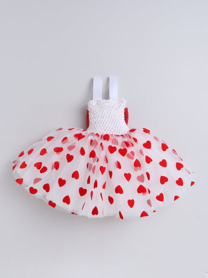 TMM RED HEART GATHERED KNEE LENGTH GOWN WITH BOW - RED & WHITE