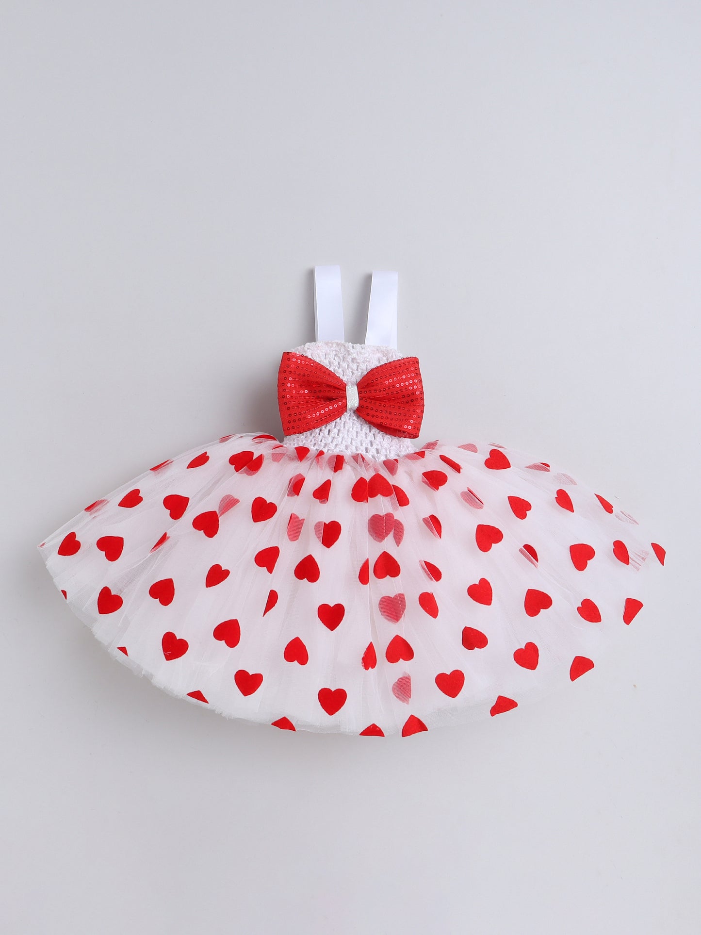 TMM RED HEART GATHERED KNEE LENGTH GOWN WITH BOW - RED & WHITE