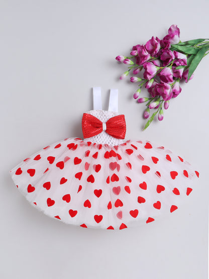 TMM RED HEART GATHERED KNEE LENGTH GOWN WITH BOW - RED & WHITE