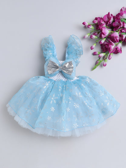 TMM FLARED SNOWFLAKES GOWN WITH FRILLED SLEEVES AND A BOW -SKY BLUE