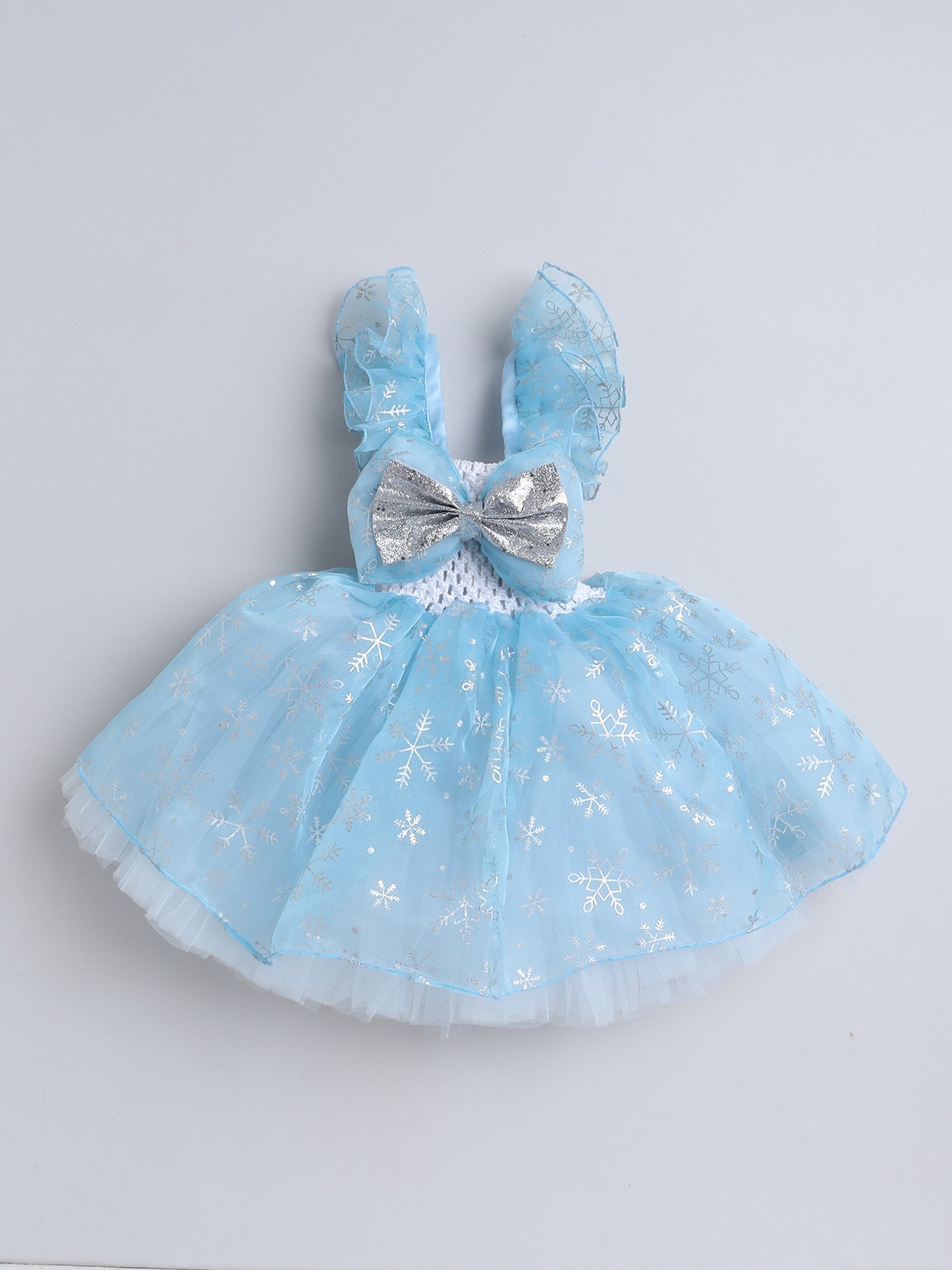 TMM FLARED SNOWFLAKES GOWN WITH FRILLED SLEEVES AND A BOW -SKY BLUE