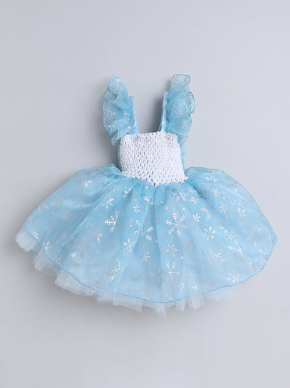 TMM FLARED SNOWFLAKES GOWN WITH FRILLED SLEEVES AND A BOW -SKY BLUE