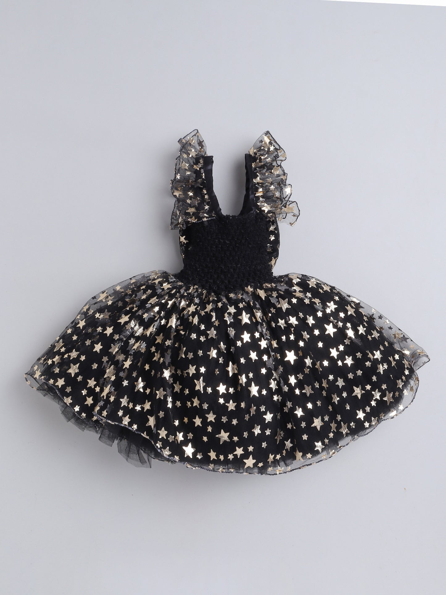 TMM GOLDEN FOIL FRILLED STAR KNEE LENGTH GOWN -BLACK