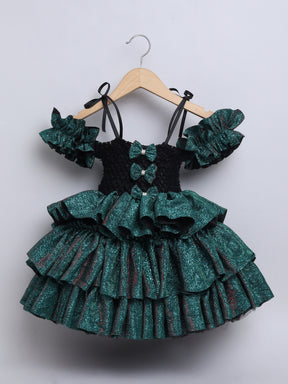 Sparkle layered tutu gown – trendy off-shoulder sleeves and ruffle detailing for a glamorous party look."