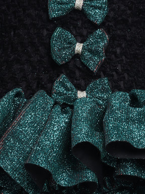 Sparkle layered tutu gown – trendy off-shoulder sleeves and ruffle detailing for a glamorous party look."