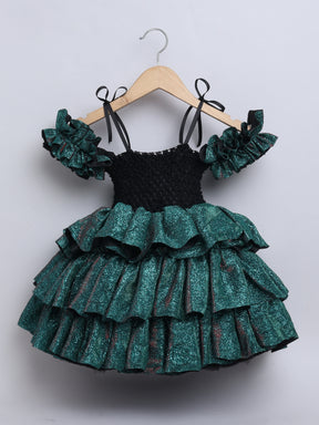 Sparkle layered tutu gown – trendy off-shoulder sleeves and ruffle detailing for a glamorous party look."
