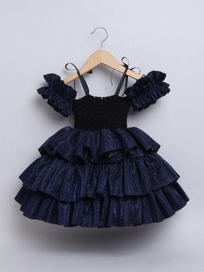 Sparkle layered tutu gown – trendy off-shoulder sleeves and ruffle detailing for a glamorous party look."