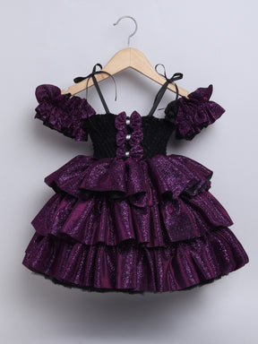 Sparkle layered tutu gown – trendy off-shoulder sleeves and ruffle detailing for a glamorous party look."