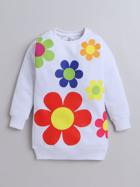 White Flower Printed Sweatshirt Knee Length Dress