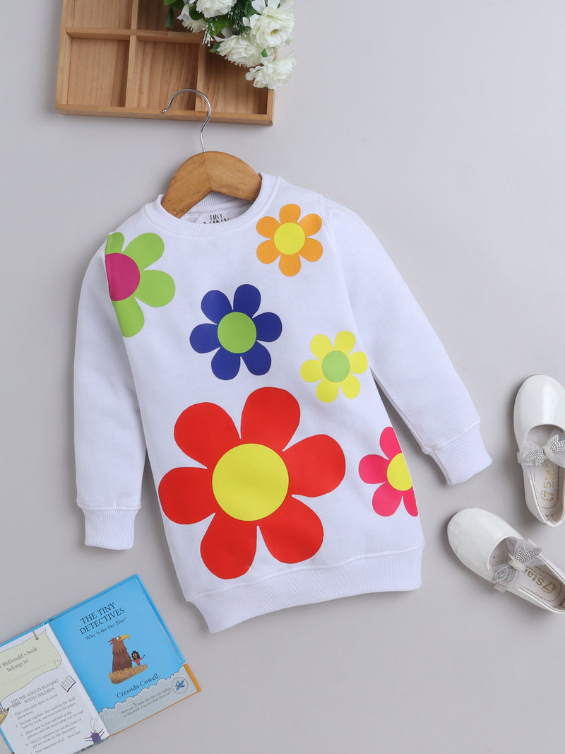 White Flower Printed Sweatshirt Knee Length Dress