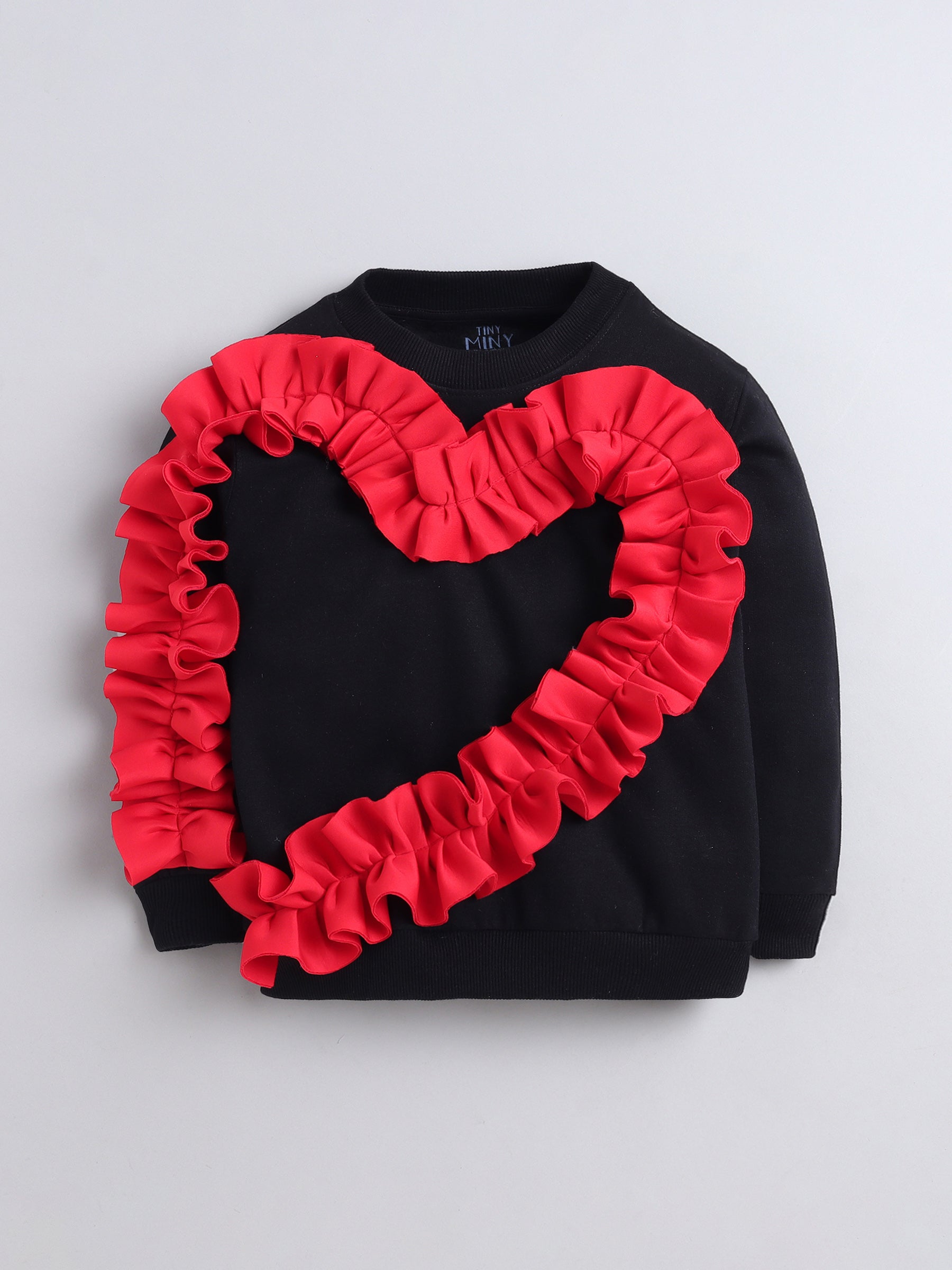 Black Sweatshirt with Red Ruffle Heart Design For Girls