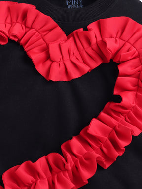 Black Sweatshirt with Red Ruffle Heart Design For Girls
