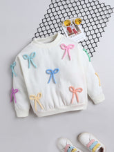 White Sweatshirt with Multicolor 3D Bow Detailing