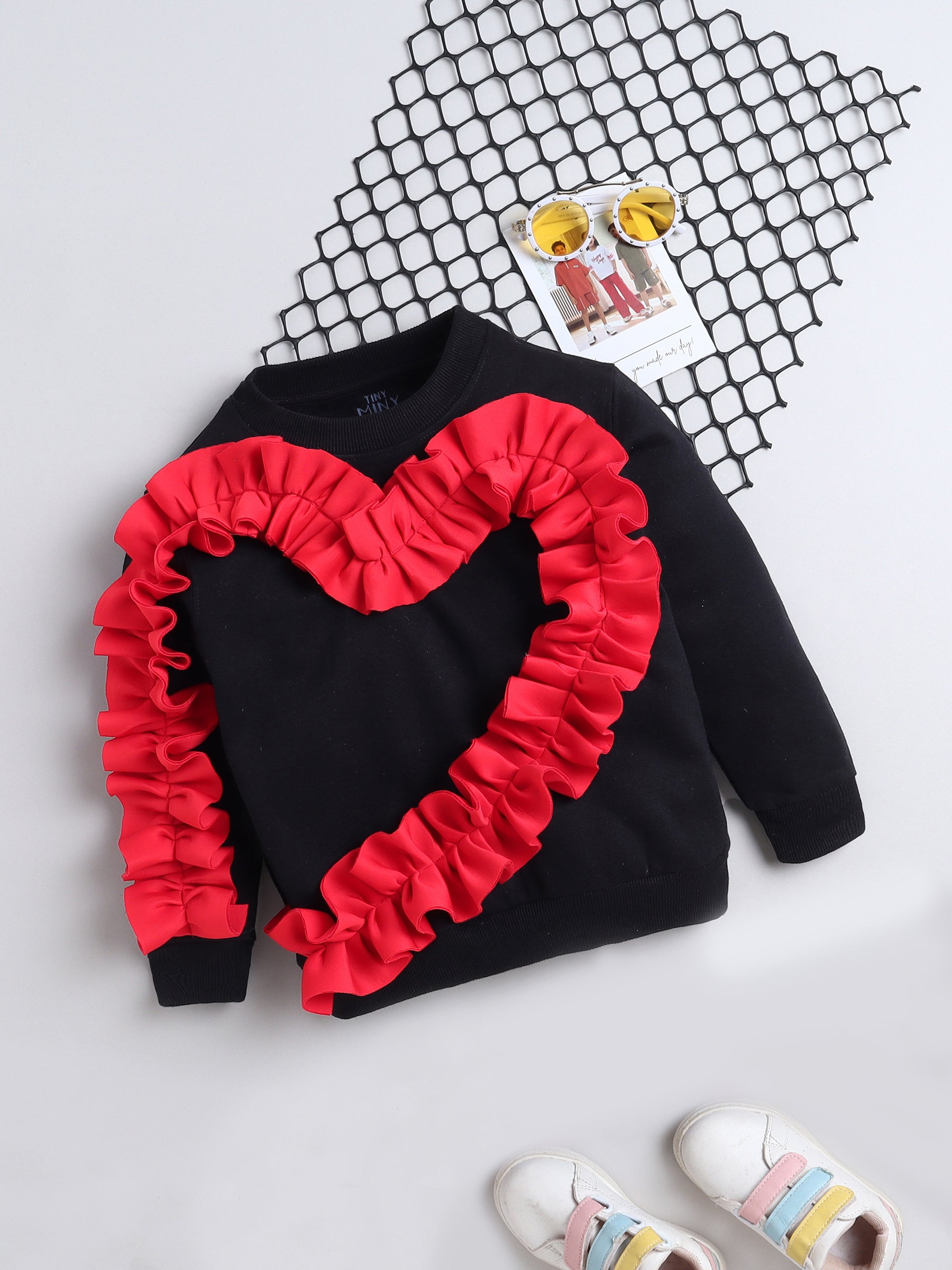 Black Sweatshirt with Red Ruffle Heart Design For Girls