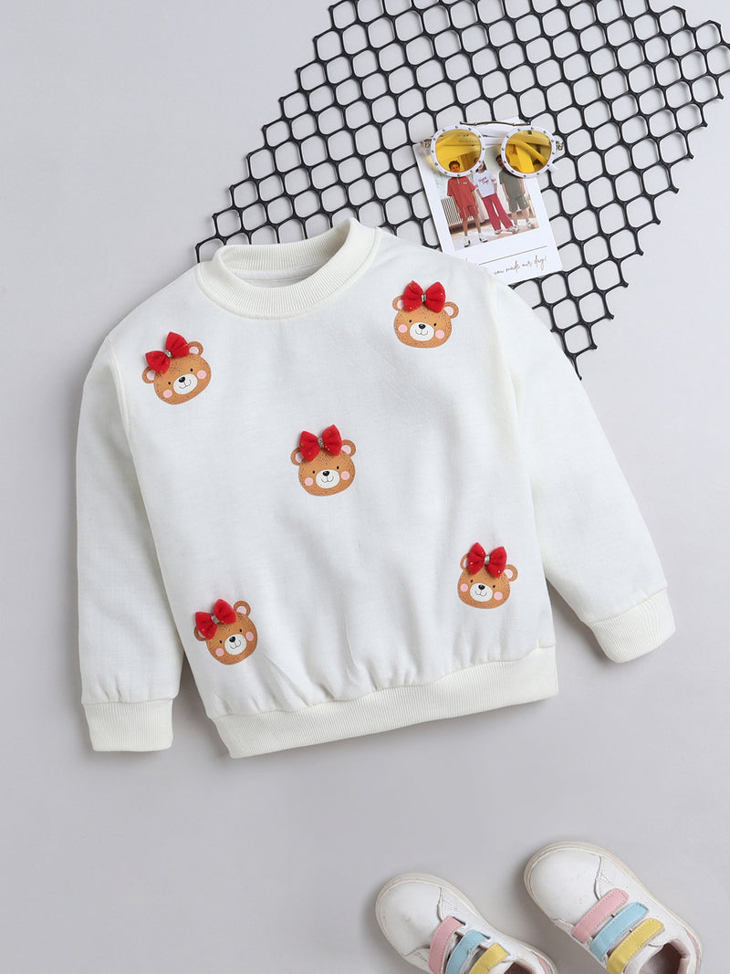 White Sweatshirt with Teddy Face & Red Bow Appliqué