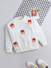 White Sweatshirt with Teddy Face & Red Bow Appliqué