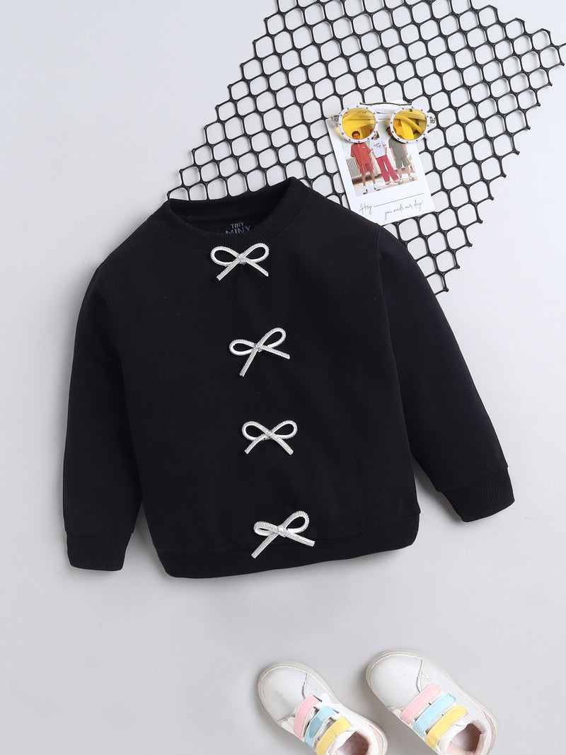 Black Sweatshirt with White sequence Bow Applique Detailing