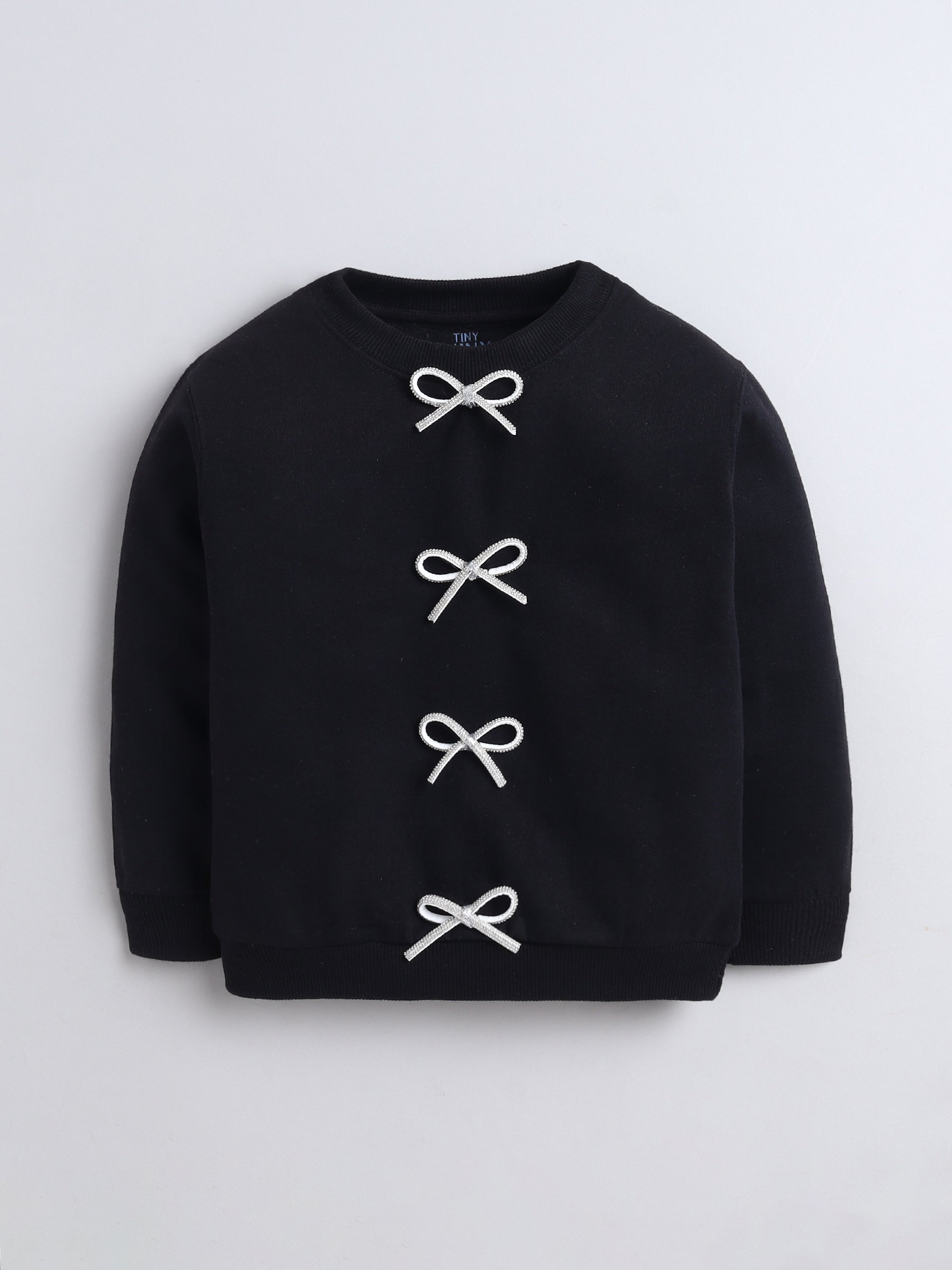 Black Sweatshirt with White sequence Bow Applique Detailing